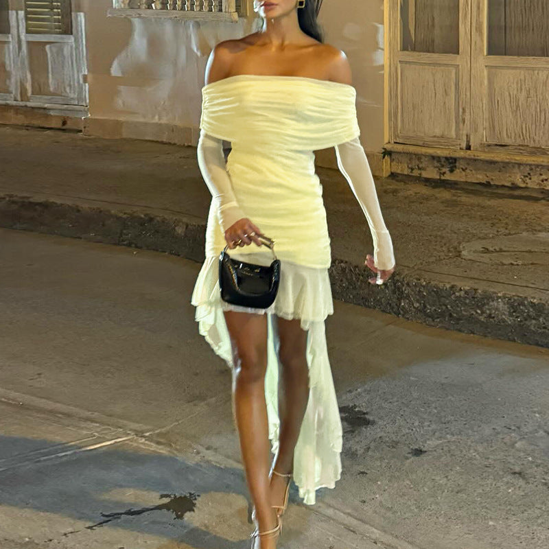 Black/White Ruffled Long Sleeve High-Low Flowing Train Pleated Ruched Off-the-Shoulder Formal Dress