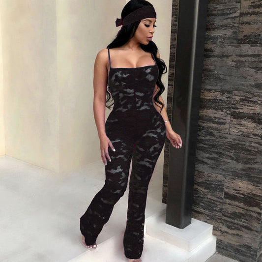 Lace Sheer Sleeveless Transparent Spaghetti Strap Women's Wide Leg Jumpsuit