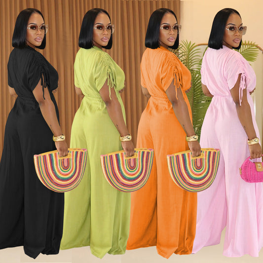 Drawstring V-Neck Solid Color Women's Casual Lace-Up Elastic Waist Wide Leg Jumpsuit