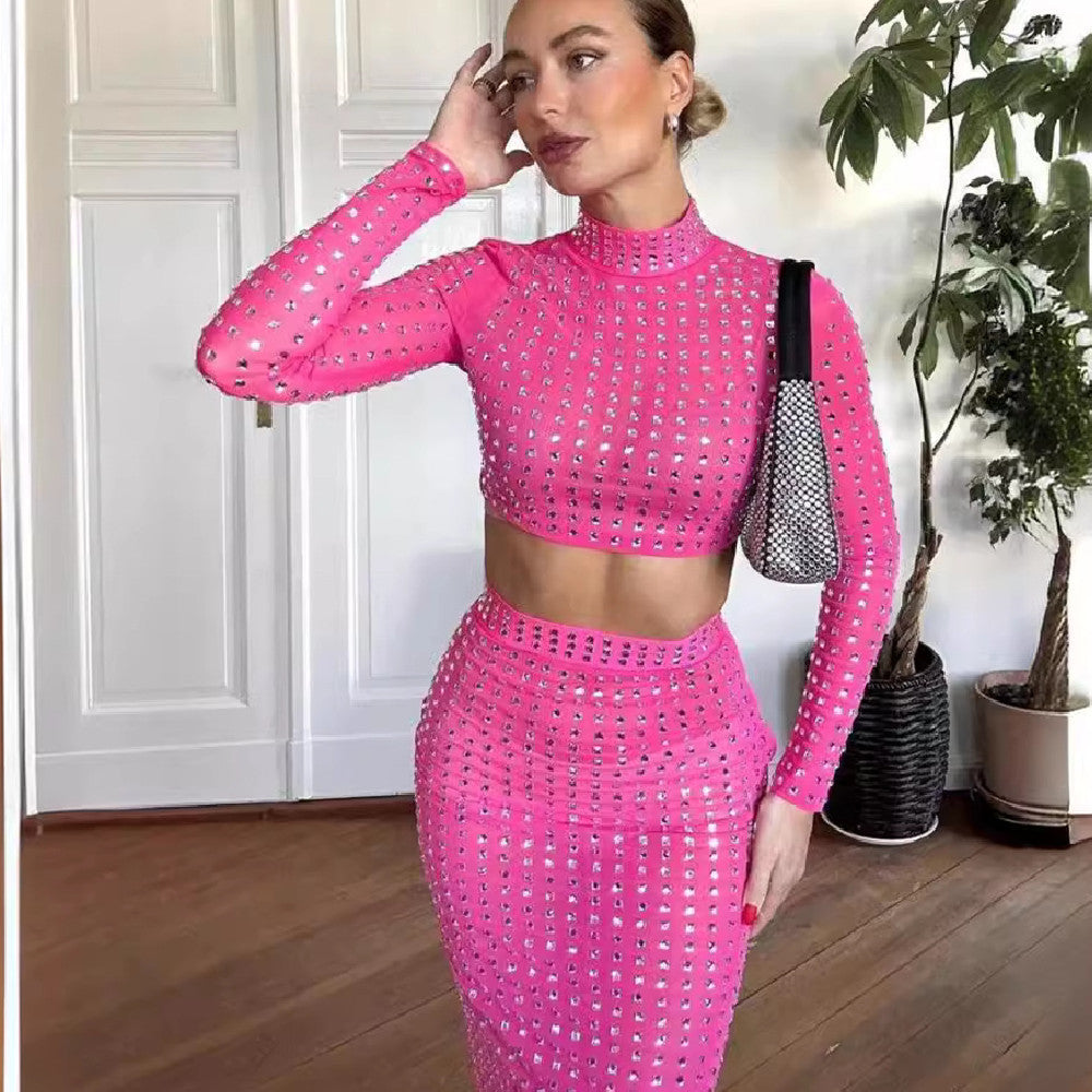 Rivet Embellished O-Neck Women's Long Sleeve Crop Top + Elastic Waist High Slit Skirt 2-Piece Set