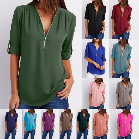 Solid Color V-Neck Short Sleeve Women's Zipper Shirt to 5X Plus Size