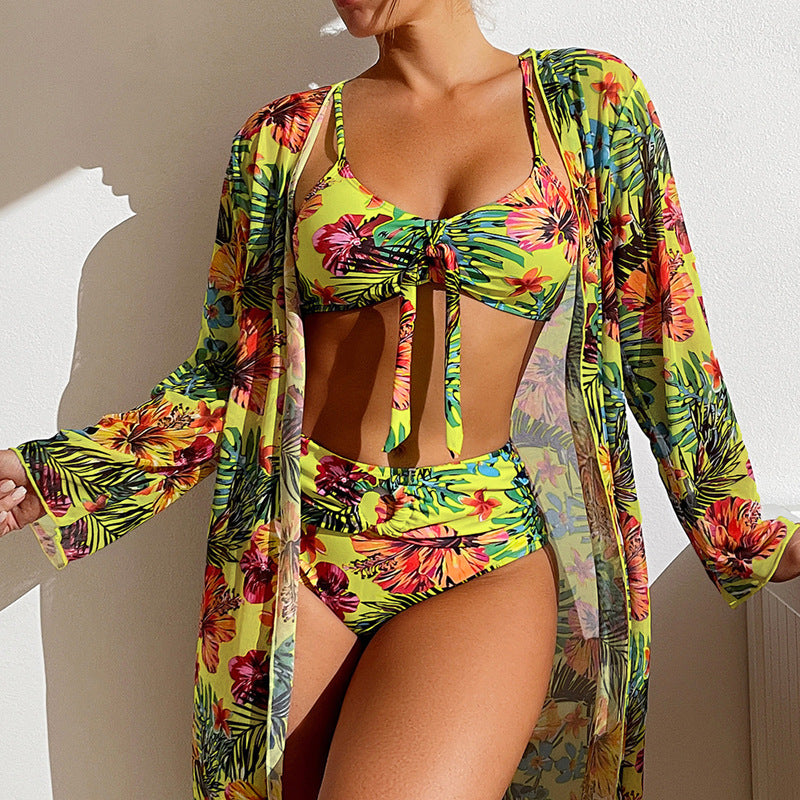 Tropical Flower Print Long Sleeve Swimwear Cardigan Cover-Up +Lace-Up Bikini Swimsuit 3-Piece Set to 3X Plus Size