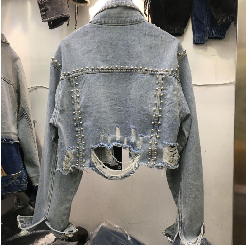 Denim Pearl Beaded Tassel Fringe Women's Turn-Down Collar Washed Cowgirl Double Pocket Jean Jacket