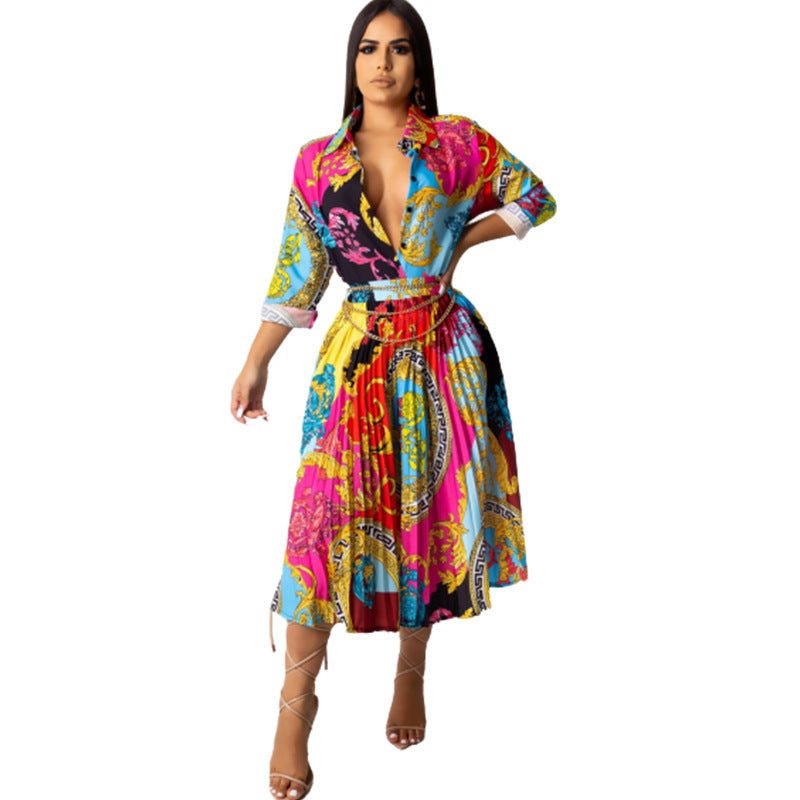 Pleated Baroque Multi-Colored Print Turn-Down Collar Long Sleeve Dress
