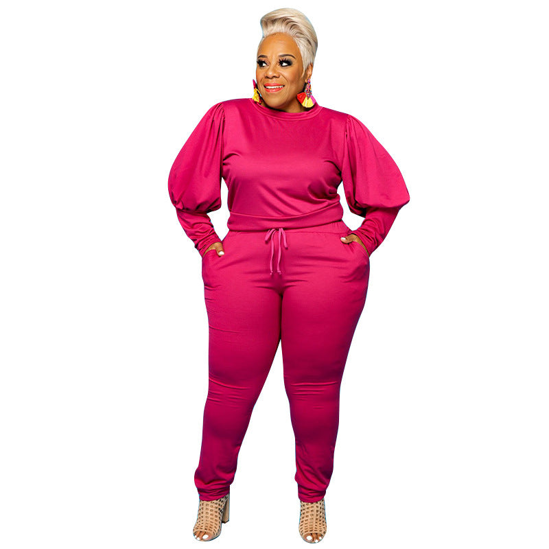 Puffed Batwing Sleeve O-Neck Solid Color Shirt + Sweatpants Two-Piece Women's Set to 5X Plus Size