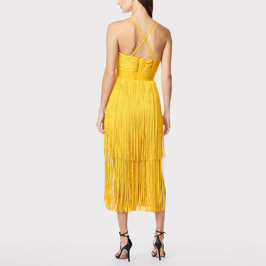 Yellow Long Tassel Design V-Neck Sleeveless Spaghetti Strap Formal Dress