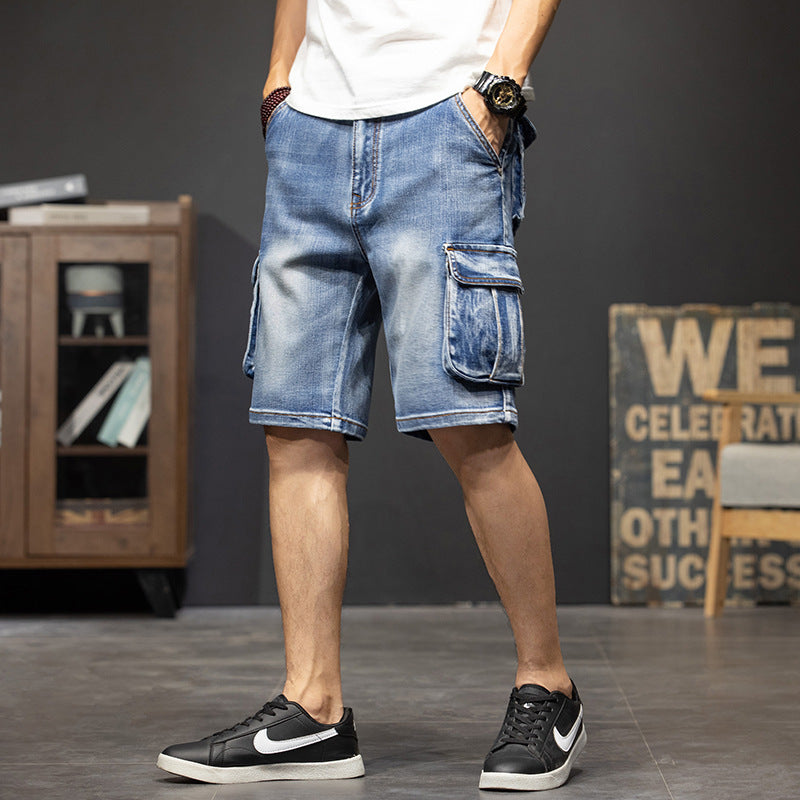 Men's Denim Washed 5-Point Multi-Pocket Cargo Jean Shorts