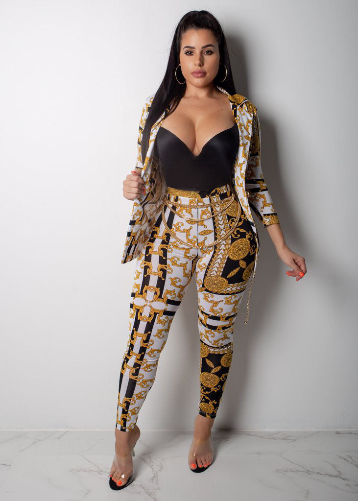 Baroque Yellow/Black Women's Long Sleeve Jacket + Skin Tight Leggings 2-Piece Set
