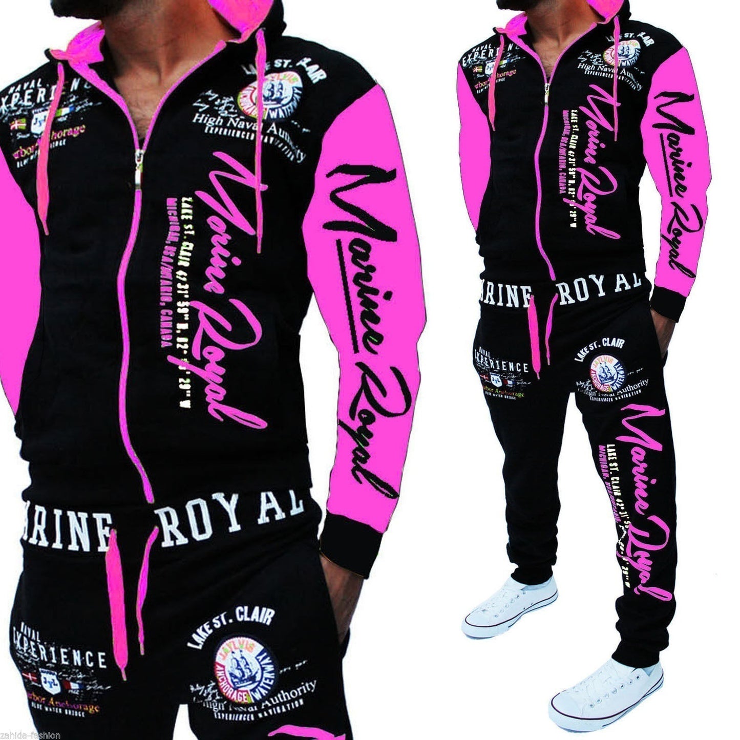 Men's Letter Print Zipper Hoodie Zipper Sports Jacket + Jogger Sweatpants Tracksuit