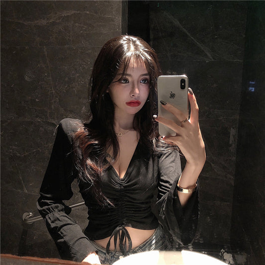 Drawstring V-Neck Women's Long Flared Sleeve Solid Color Shirt