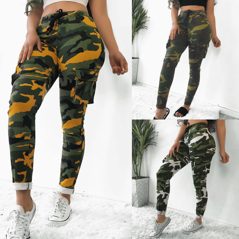 Camoflauge Cargo Multi-Pocketed Drawstring Elastic Waist Women's Trouser Pants