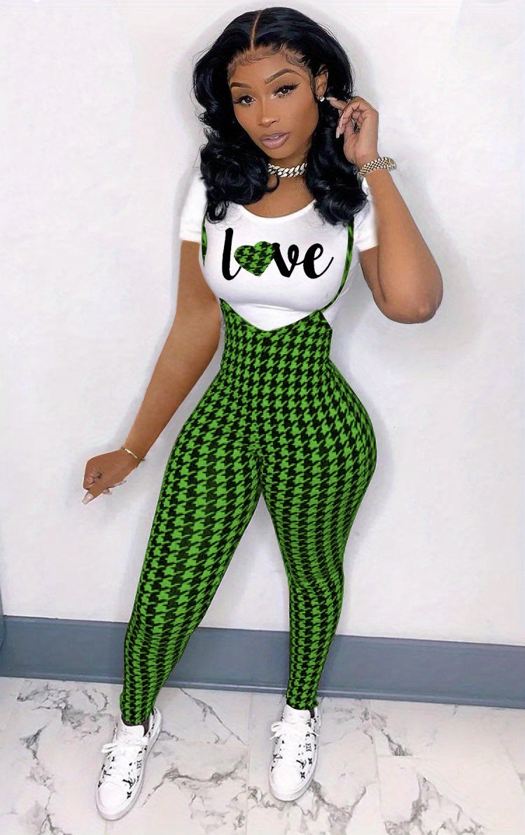 Sleeveless Houndstooth Plaid Print Cami Overalls Jumpsuit w/Love Heart Print T-Shirt Women's 2-Piece Set