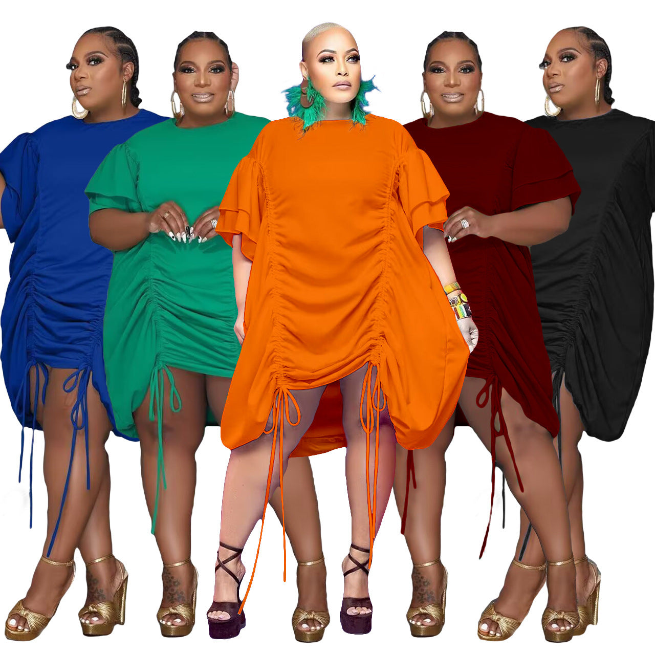 Oversized Ruched Double Short Sleeve Drawstring Midi Dress to 5X Plus Size