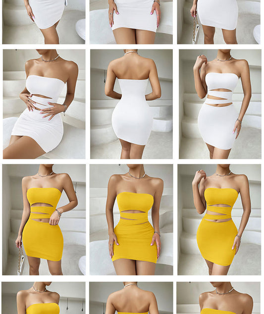 Solid Color Sleeveless Cold Shoulder Tube Top Hollow-Out Tube Mini Dress