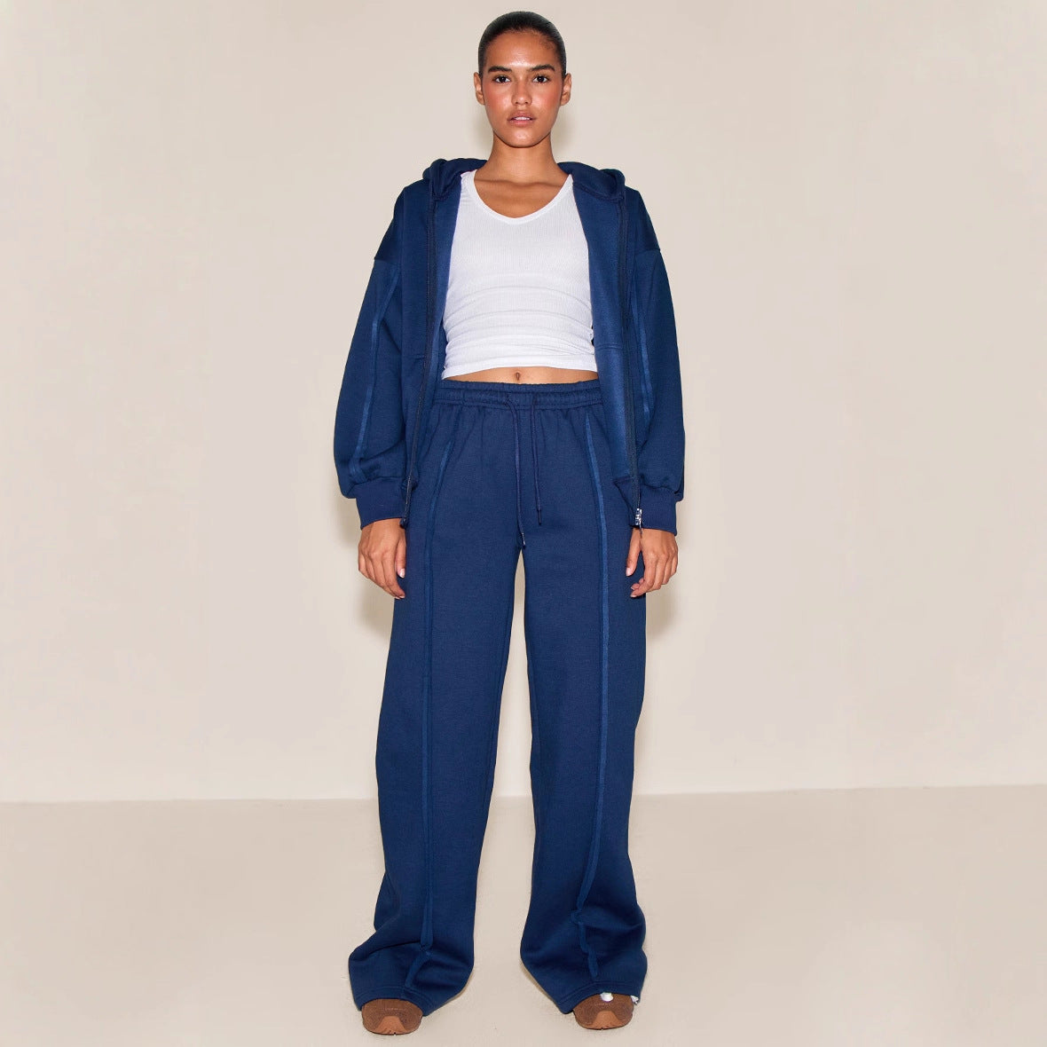Casual Solid Color Women's Zipper Hoodie Jacket +  Drawstring Pleated Sweatpants Tracksuit