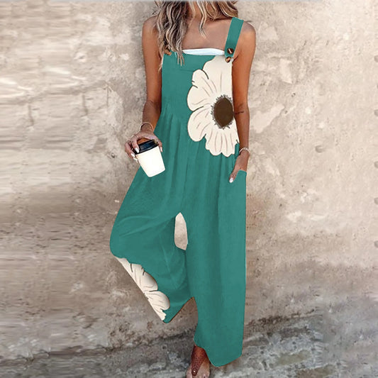 Big Flower Print Sleeveless Loose Women's Wide Leg Overall Jumpsuit