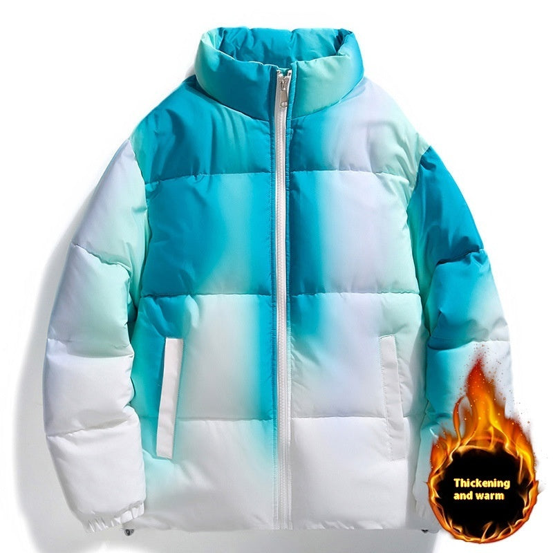 Men's Gradient Colorblock Hip-Hop Stand Collar Plush Thick Down Puffer Jacket w/ Pockets