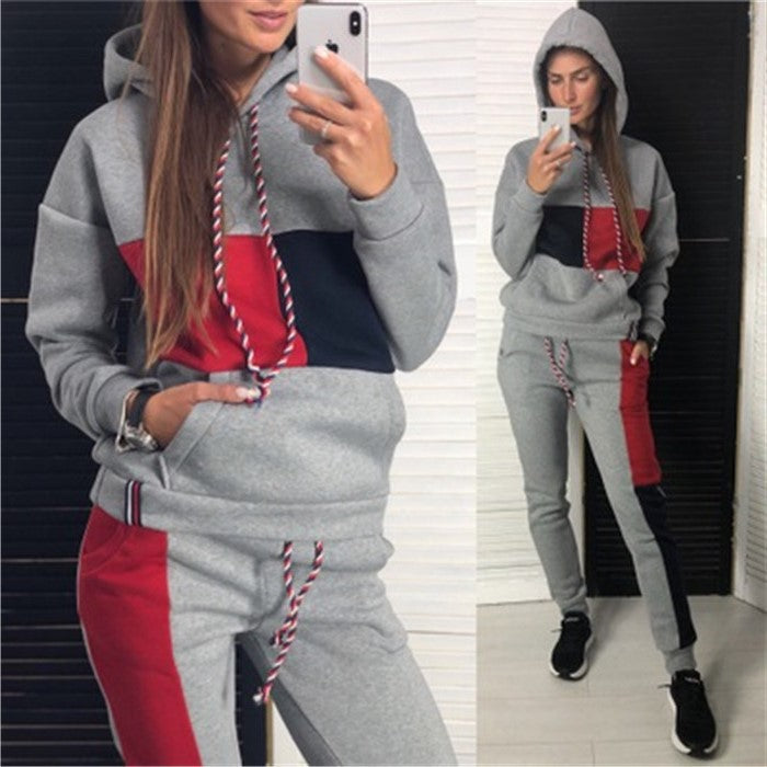 Colorblock Drawstring Pullover Women's Hoodie Sweatshirt+ Skinny Jogger Sweatpants Tracksuit