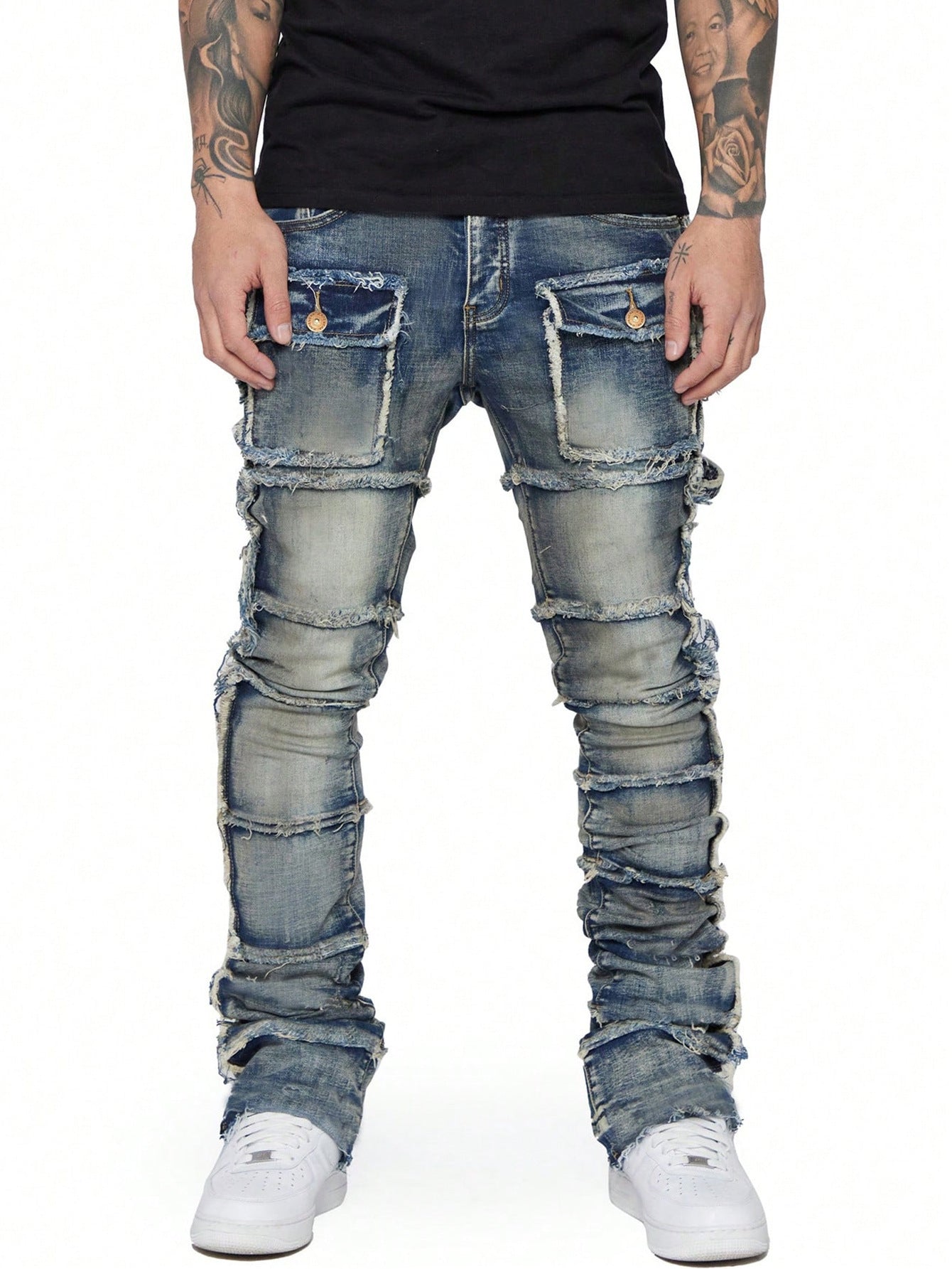 Men's Faded Denim Hip-Hop Tiered Ripped Fringe  Multi-Pocketed Skinny Cargo Jeans