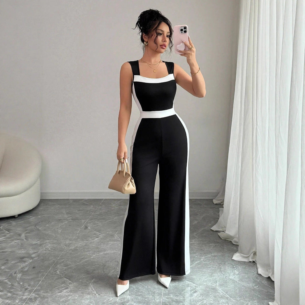 Colorblock Black/White Side Striped Women's Sleeveless Wide Leg Bodycon Jumpsuit