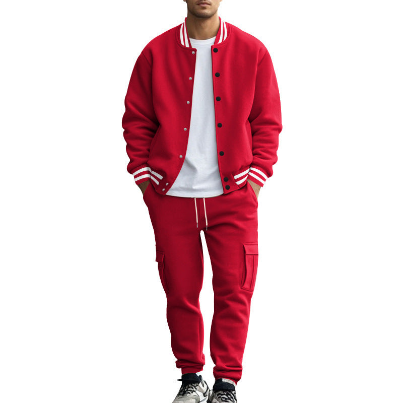 Men's Striped Stand Collar Fleece Lined Button-Up Baseball Bomber Jacket + Multi-Pocketed Cargo Sweatpants Tracksuit