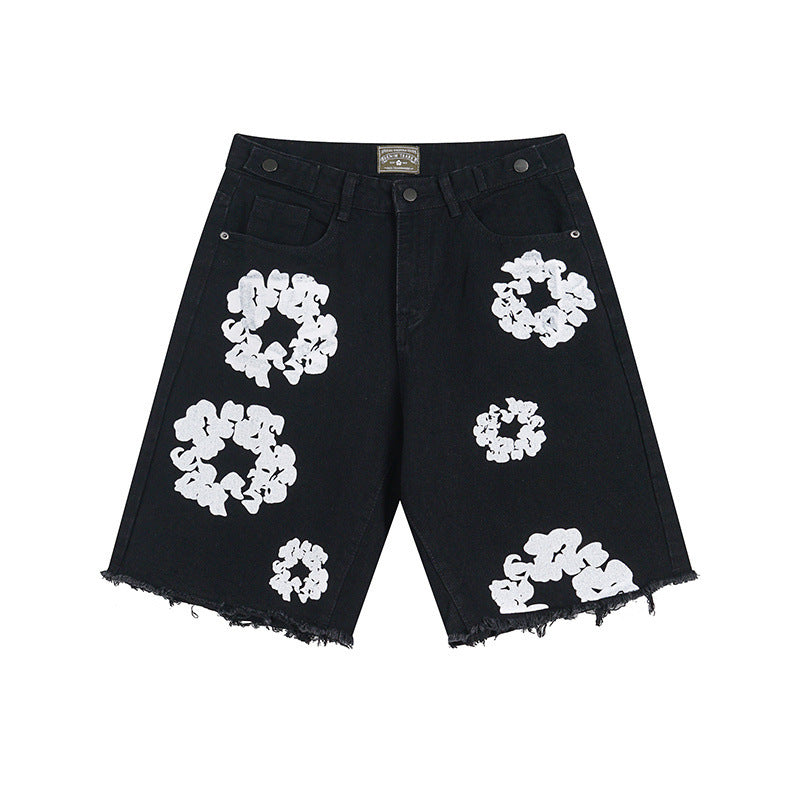Men's Denim Big White Flower Print Jean Shorts