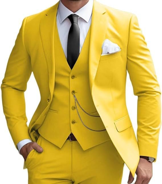 Men's Pocketed Solid Color Single Breasted Blazer w/ Button-Up Vest & Pants 3-Piece Formal Suit