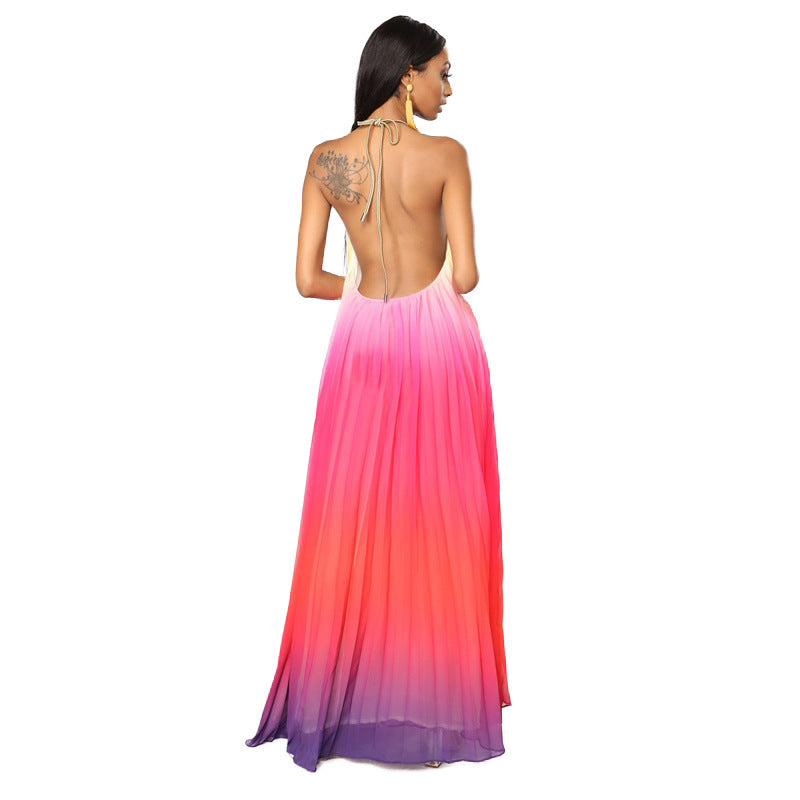 Gradient Colorblock Pleated Sleeveless Ruched Chiffon Halter Formal Maxi Dress