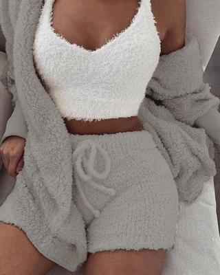 Fleece Solid Color Open Women's Long Sleeve Maxi Cardigan w/ Sash Belt, Crop Tank Top + Drawstring Shorts 3-Piece Knitted Pajamas Set