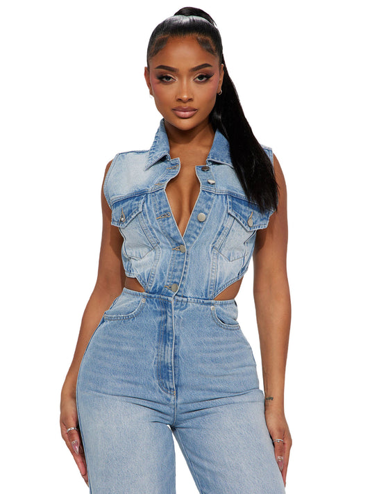 Denim Light Blue Gradient Washed Women's Hollow-Out Double Pocket Sleeveless Turn-Down Collar Overall Jean Jumpsuit