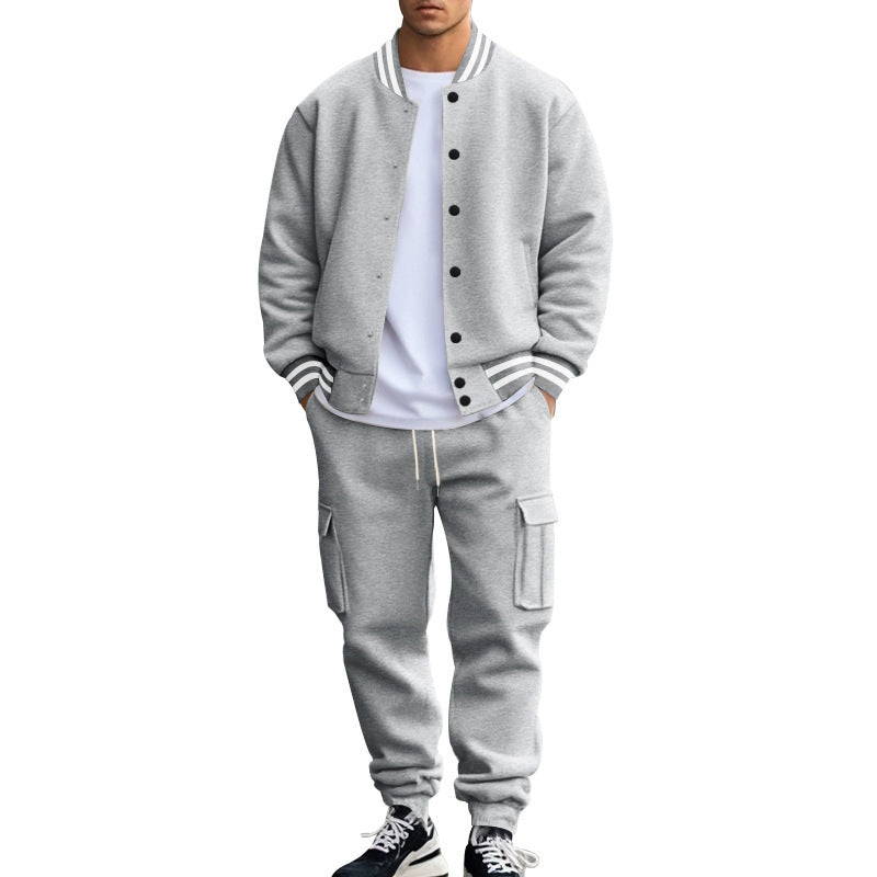 Men's Striped Stand Collar Fleece Lined Button-Up Baseball Bomber Jacket + Multi-Pocketed Cargo Sweatpants Tracksuit