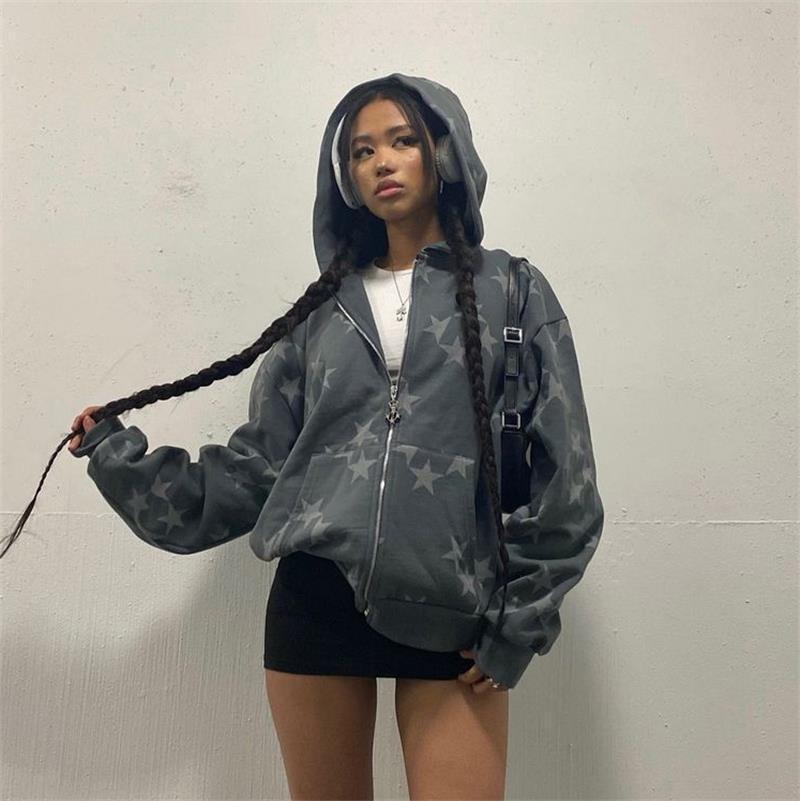 Star Print Unisex Long Sleeve Hip-Hop Zipper Hoodie Sweatshirt