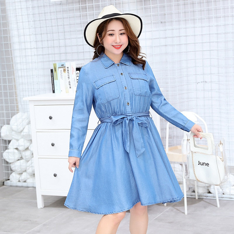 Denim Baby Blue Double Pocket Design Long Sleeve Sash Belted Midi Jean Dress to 4X Plus Size
