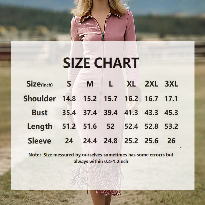 Women's Lapel Collar Maxi Dress With Fringe Hem, Contrast Trim Half-Zip Bodycon Long Dress For Spring And Fall