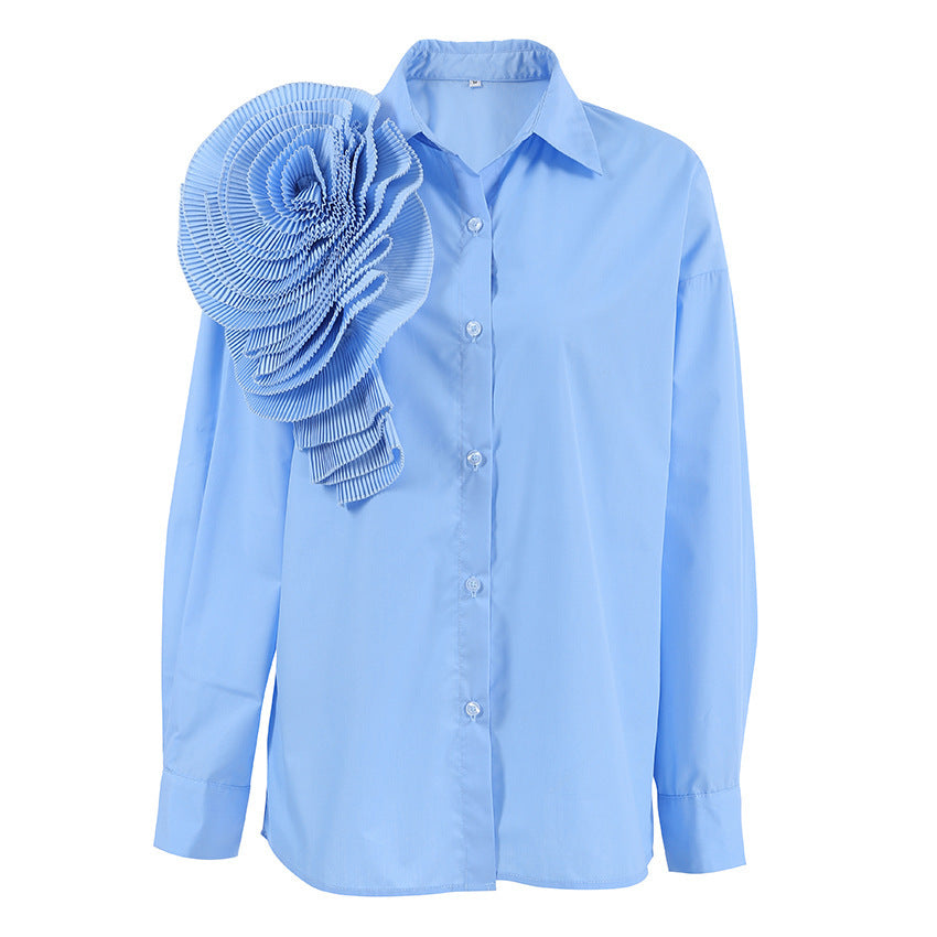 Big Flower Lapel Design Mosiac Women's Long Sleeve Dress Shirt