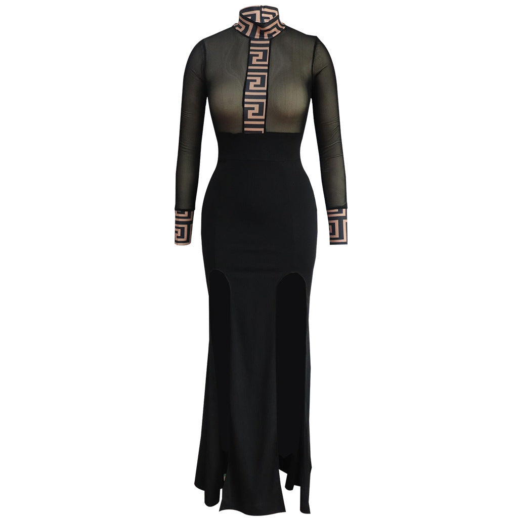 Mesh Transparent Sheer Geometric Design Long Sleeve Formal Party Dress