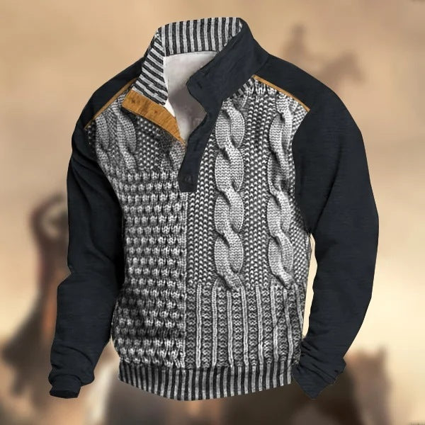 Men's Knitted Buckle Weave Pattern Mandarin Collar Long Sleeve Sweater