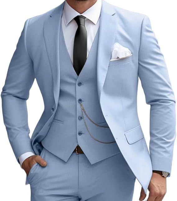 Men's Pocketed Solid Color Single Breasted Blazer w/ Button-Up Vest & Pants 3-Piece Formal Suit