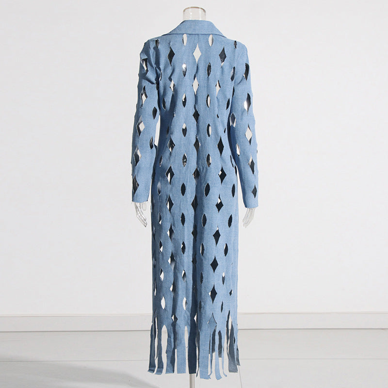 Denim Streetwear Hollow-out Twisted Tassel Fringe Detail Women's Jean Trenchcoat