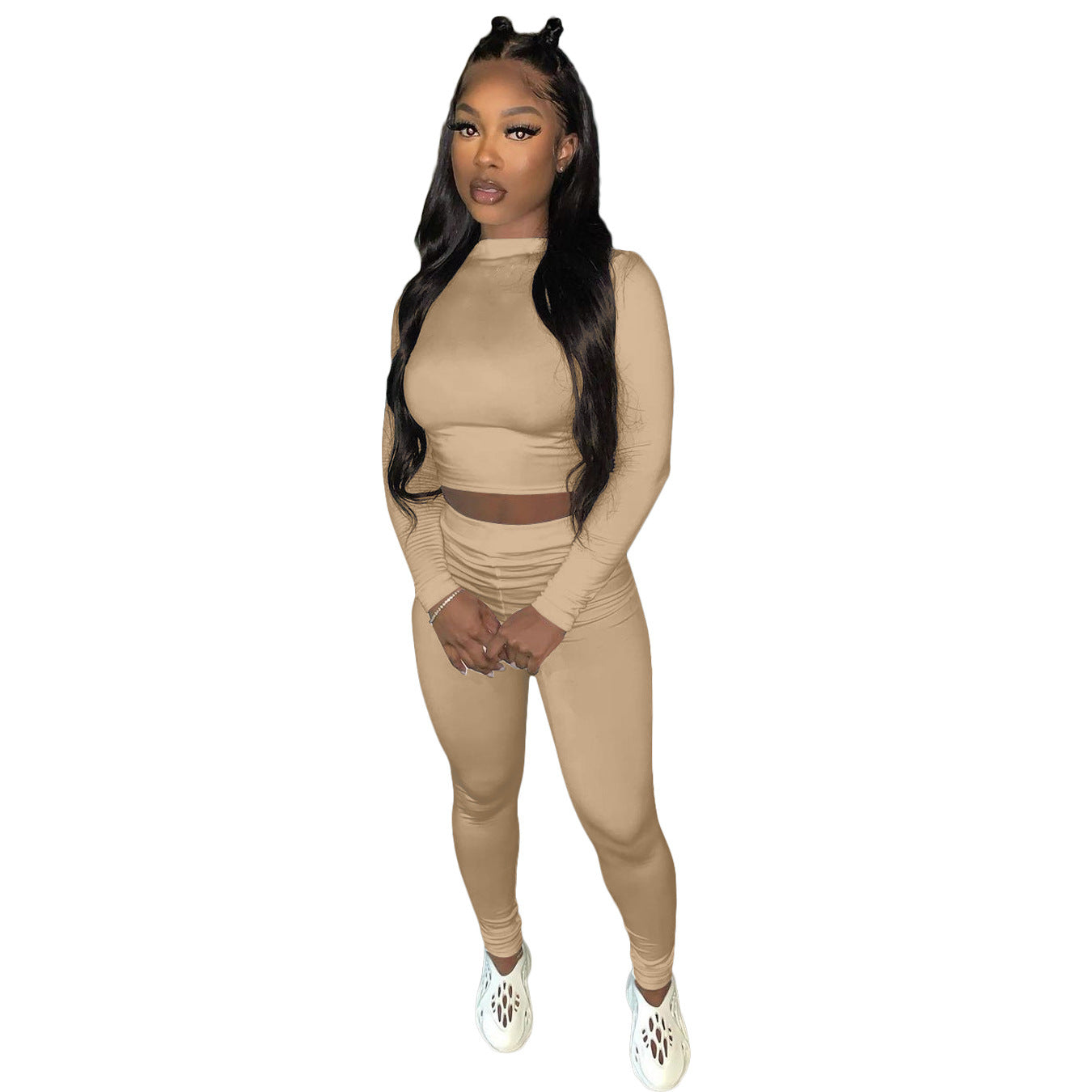 Long Sleeve Solid Color Women's Crop Top + Ruched Skin Tight Leggings 2-Piece Fitness Tracksuit