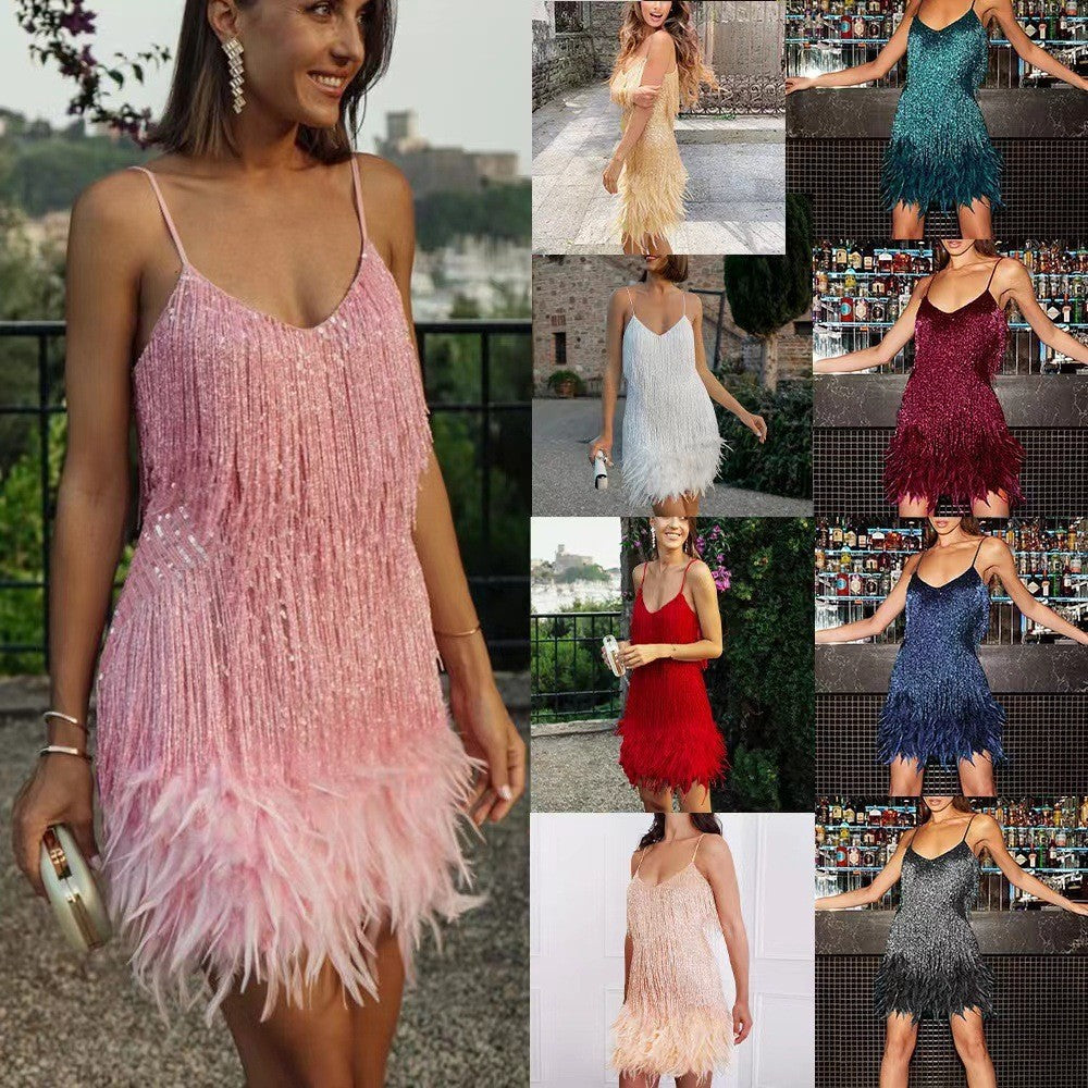 Tassel Sequin Feather Design Sleeveless V-Neck Spaghetti Strap Formal Mini Party Dress to 3X Plus Size
