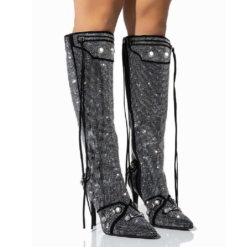 Rhinestone Needle Buckle Oversized Women's Knee High Zipper Boots