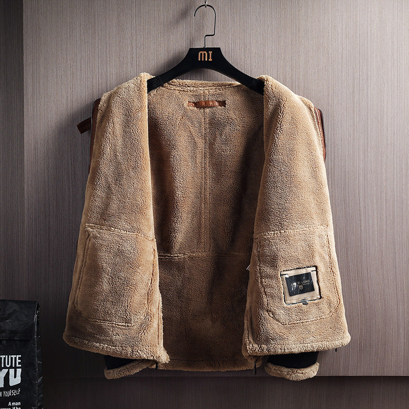 Men's PU Leather Colorblock Velvet Fleece Lined Jacket
