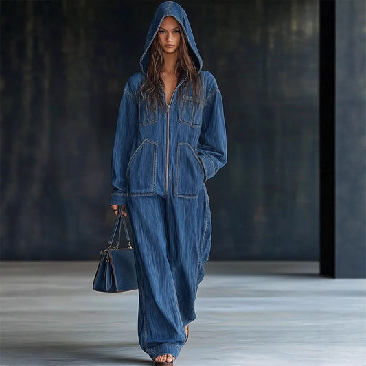 Denim Blue/Black Baggy Long Sleeve Oversized Women's Zipper Front Overall Hoodie Jeans Jumpsuit