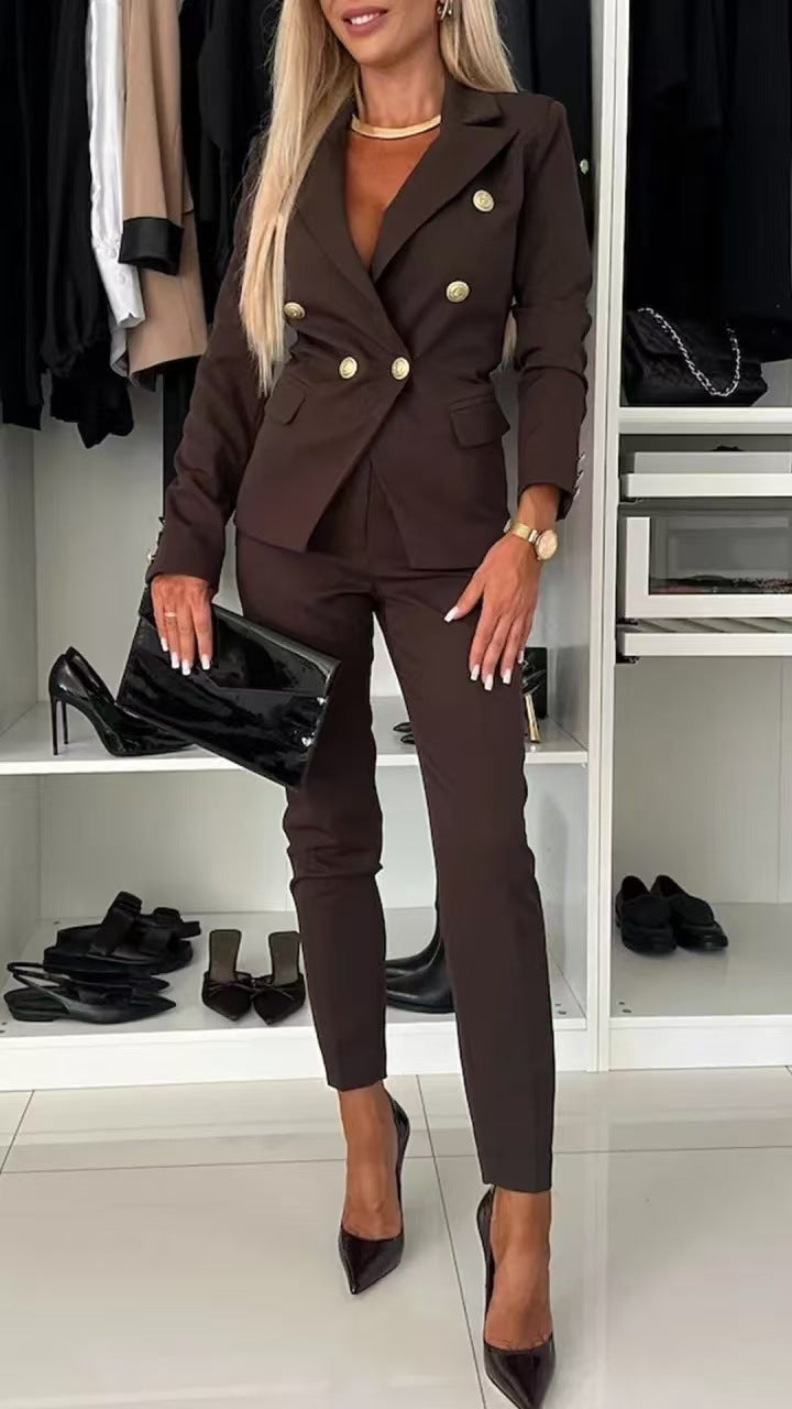Double Breasted Button-Up Women's Blazer Jacket + Skinny Trouser Pants Women's Office Business Suit