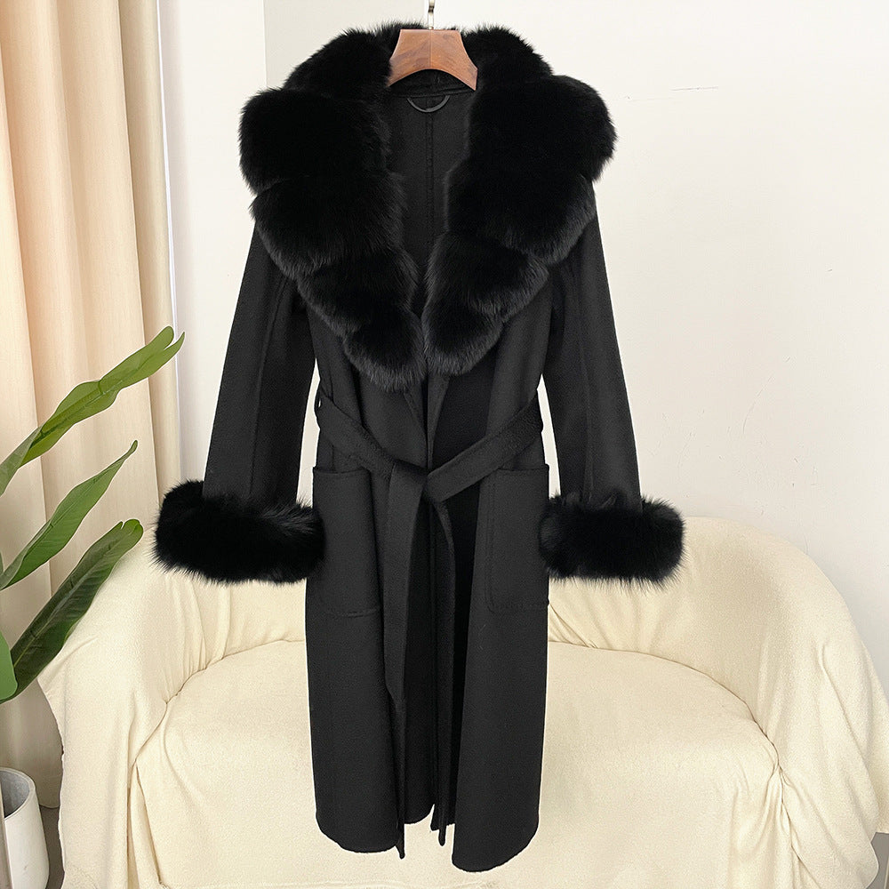 Oversized Fur Collar Double Sided Water Ripple Wool Women's Trenchcoat