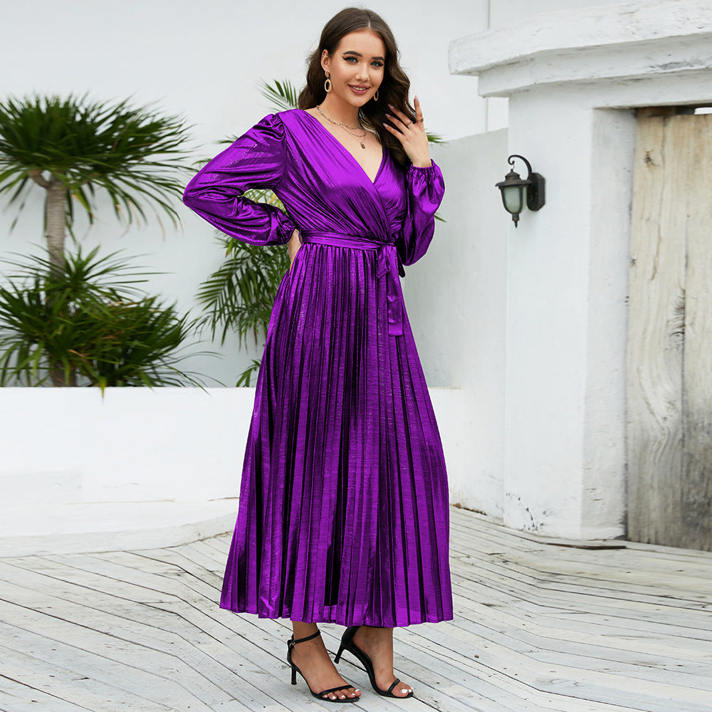 Shiny Pleated V-Neck Long Sleeve Sash Belted Maxi Dress