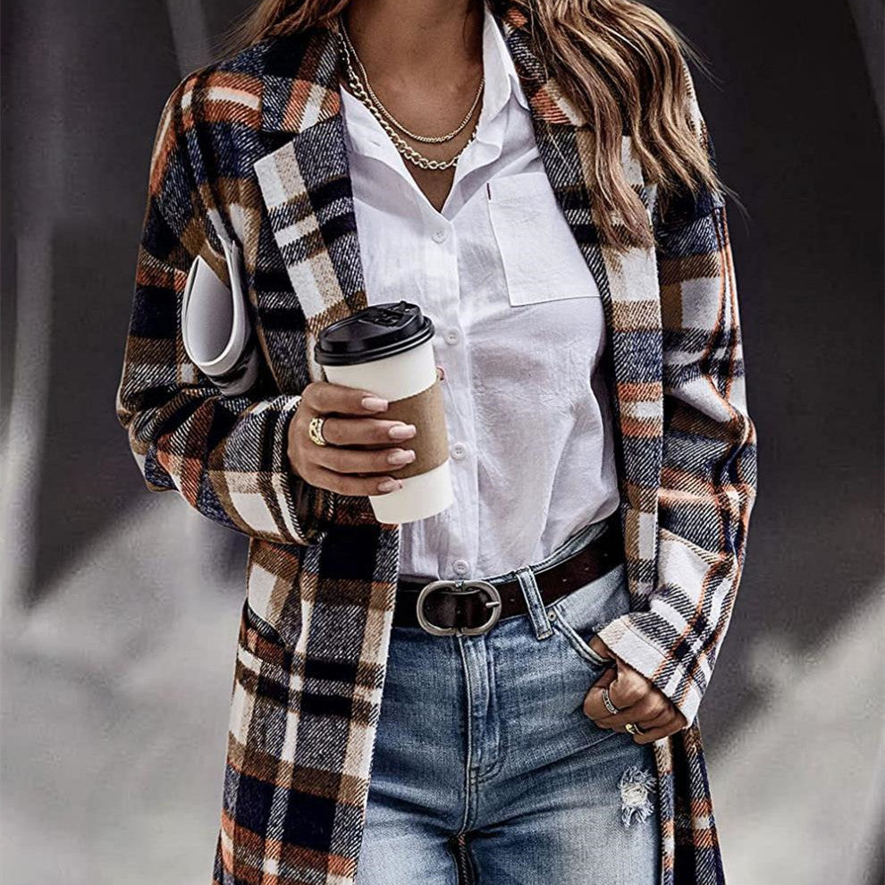 Plaid Print Oversized Women's Button-Up English Blazer Jacket