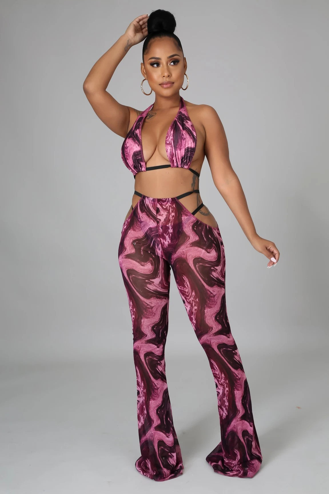 Swirl Print Hollow-Out Women's Thong Bikini Swimsuit w/ Matching Leggings 3-Piece Set