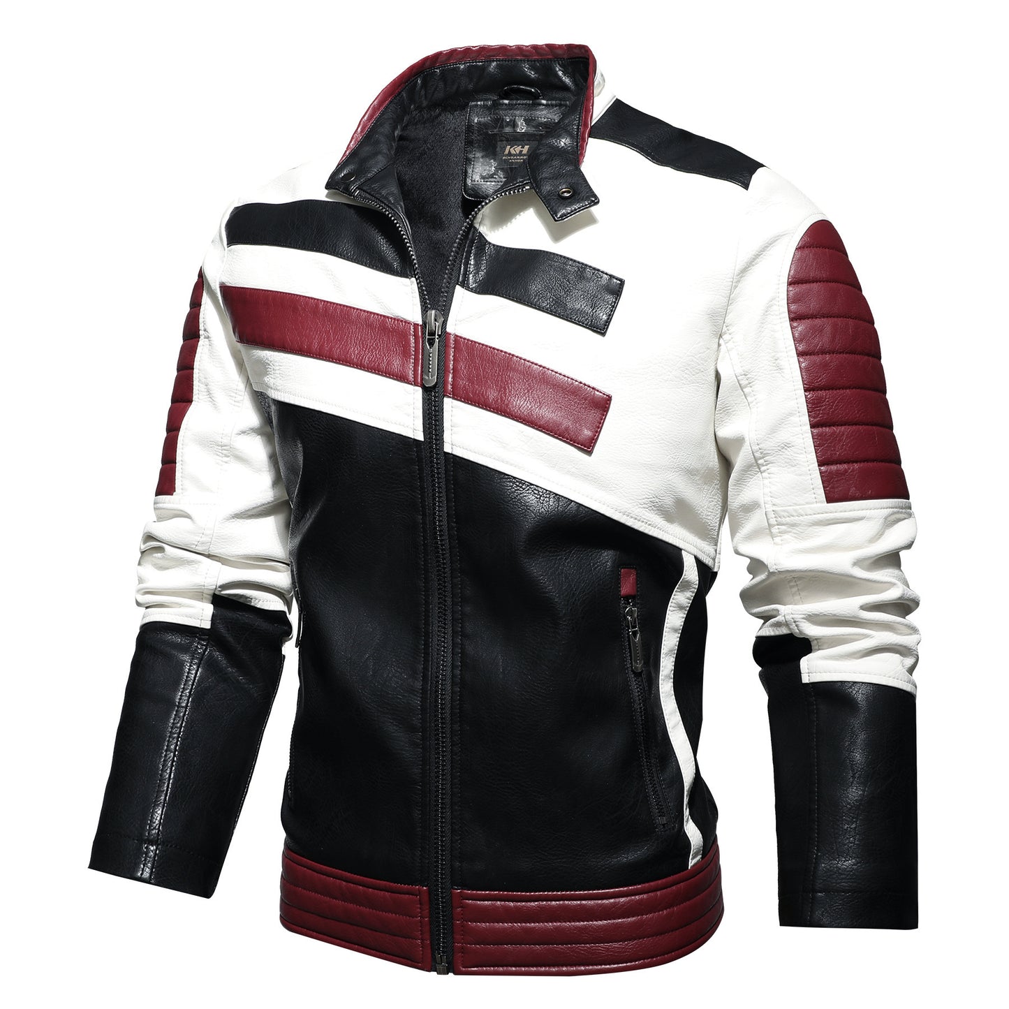 Men's PU Leather Diagonal Striped Colorblock Pattern Motorcycle Stand Collar Biker Bomber Jacket